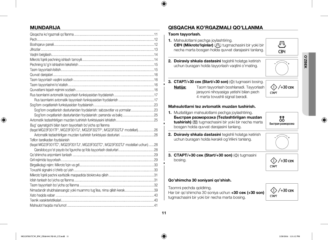 Samsung MG23F301TCW/BW, MG23F302TCS/BW, MG23F302TAS/BW manual Mundarija, Qisqacha KO’RGAZMALI QO’LLANMA, Taom tayyorlash 