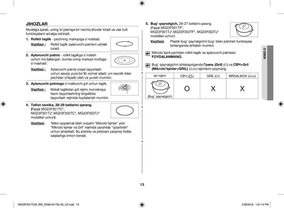 Samsung MG23F302TAK/BW manual Jihozlar, Va СВЧ+Gril Mikrotolqinlar+GRIL, Bug qaynatgichni ishlatayotganda Гриль Gril 