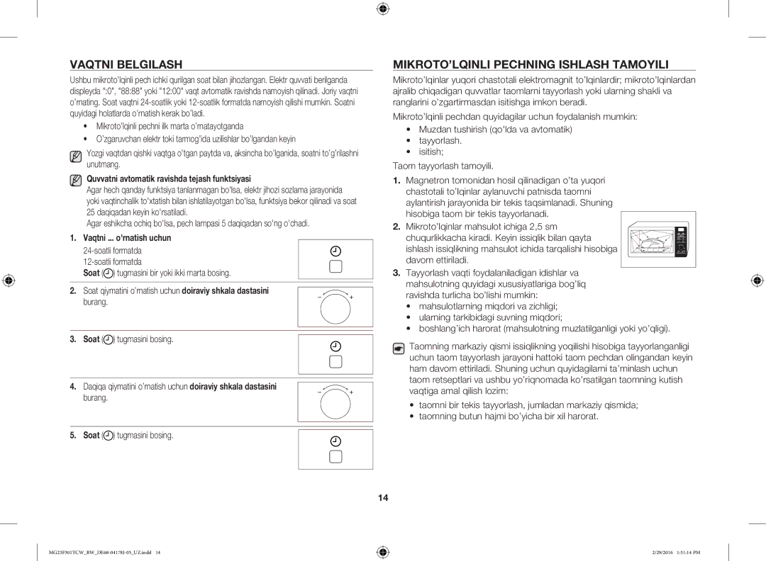 Samsung MG23F302TCS/BW manual Vaqtni Belgilash, MIKROTO’LQINLI Pechning Ishlash Tamoyili, Vaqtni ... ornatish uchun 