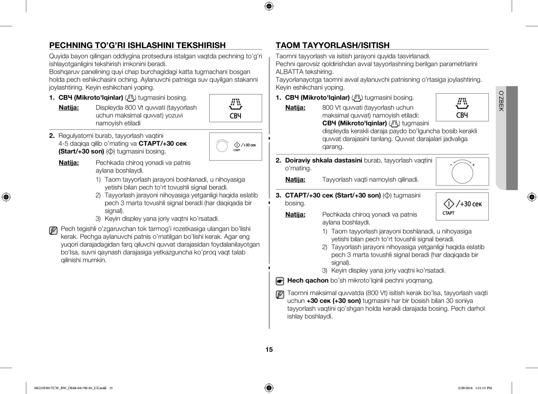 Samsung MG23F302TAS/BW manual Pechning TO’G’RI Ishlashini Tekshirish, Taom TAYYORLASH/ISITISH, СВЧ Mikrotolqinlar tugmasini 