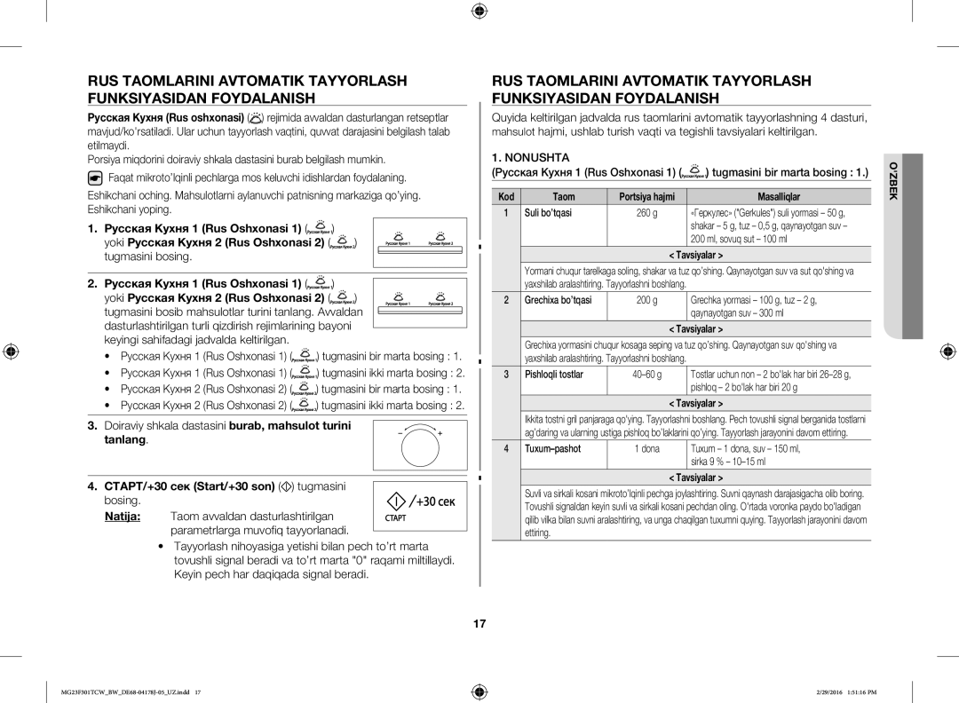 Samsung MG23F301TAW/BW, MG23F302TCS/BW, MG23F302TAS/BW manual Русская Кухня 1 Rus Oshxonasi, Tugmasini bosing, Nonushta 