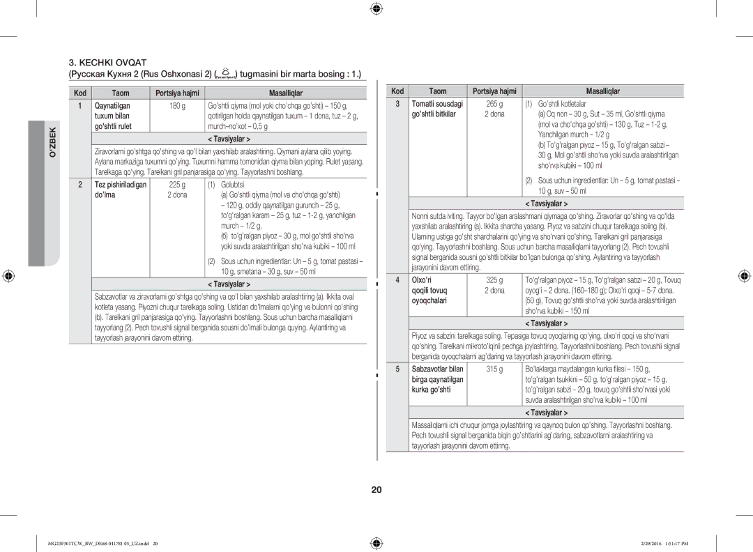 Samsung MG23F302TAS/BW, MG23F302TCS/BW manual Kechki Ovqat, Русская Кухня 2 Rus Oshxonasi 2 tugmasini bir marta bosing 