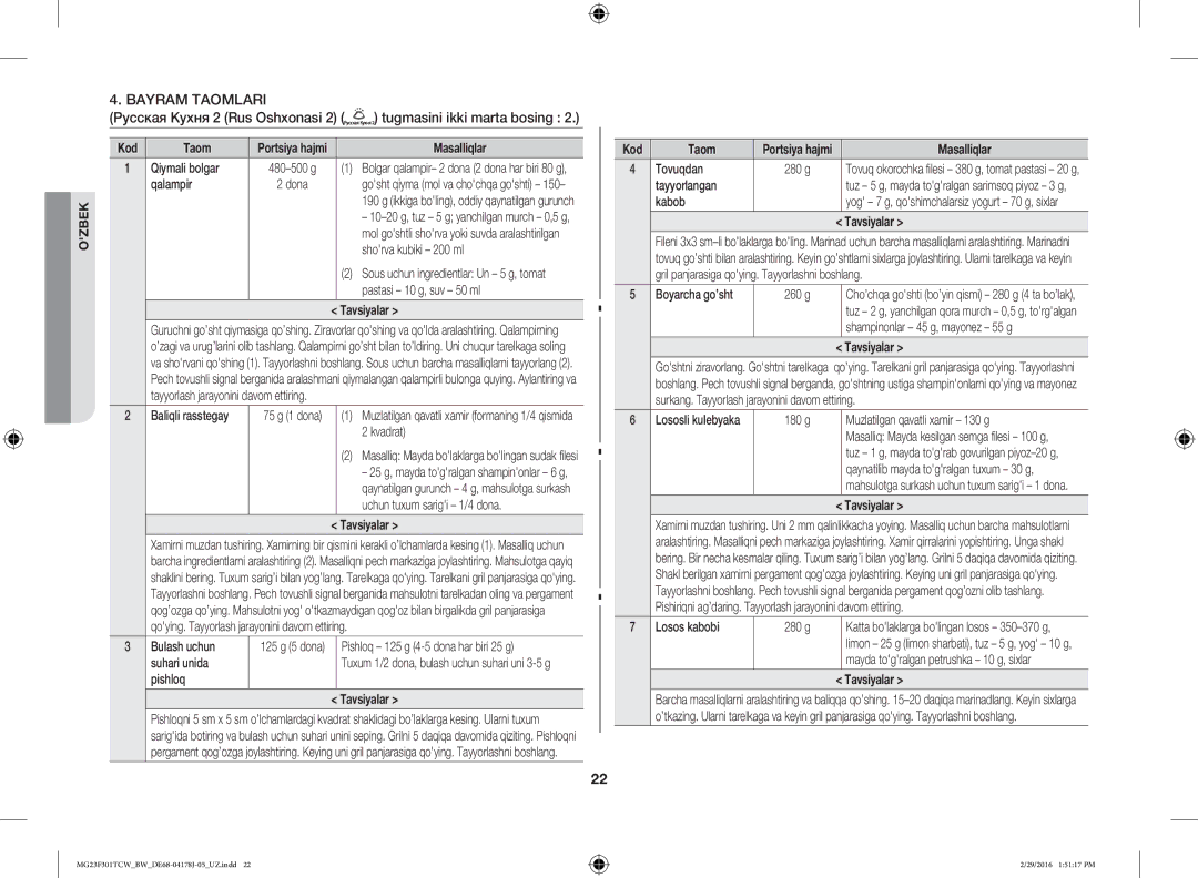 Samsung MG23F301TAW/BW, MG23F302TCS/BW manual Bayram Taomlari, Русская Кухня 2 Rus Oshxonasi 2 tugmasini ikki marta bosing 