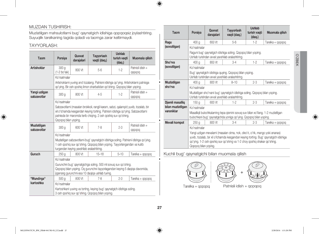 Samsung MG23F301TAW/BW, MG23F302TCS/BW, MG23F302TAS/BW, MG23F301TCW/BW manual Muzdan Tushirish, Tayyorlash, Tarelka + qopqoq 