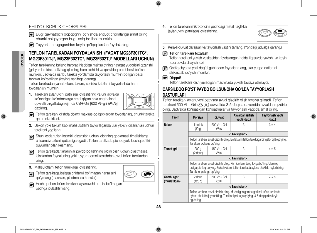 Samsung MG23F302TAK/BW manual Qarsildoq Post Paydo Bolguncha Qolda Tayyorlash Dasturlari, Ehtiyotkorlik Choralari, Bekon 