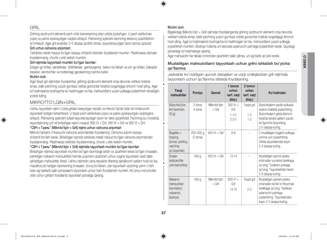Samsung MG23F301TAW/BW manual Mikrottolqin+Gril, Gril rejimida tayyorlash mumkin bo’lgan taomlar, Muhim izoh, Yangi 