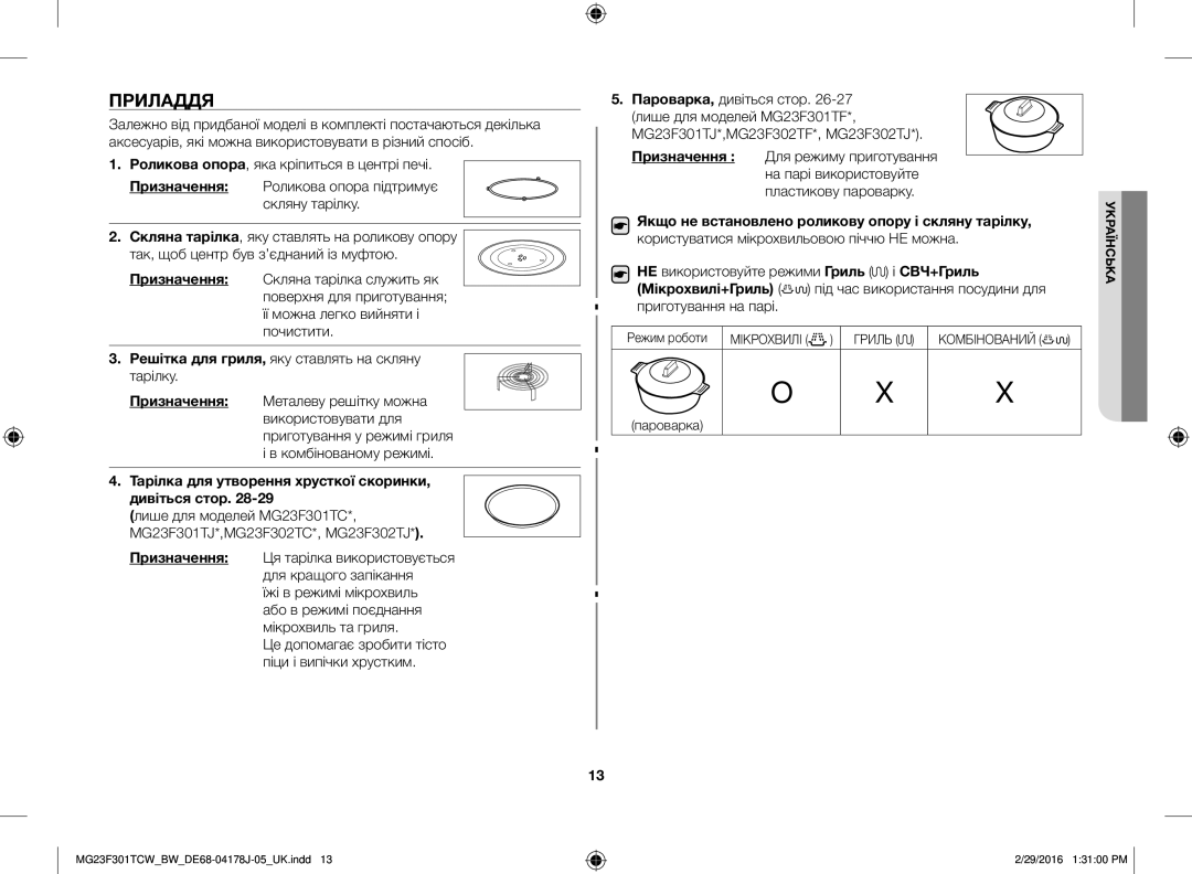 Samsung MG23F302TCS/BW, MG23F302TAS/BW Приладдя, Тарілка для утворення хрусткої скоринки, дивіться стор, Мікрохвилі+Гриль 