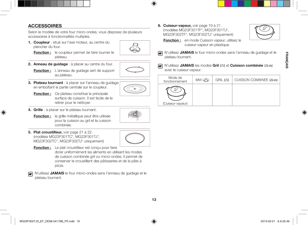 Samsung MG23F302TJS/EF manual Accessoires, Cuiseur-vapeur, Mode de, Fonctionnement 