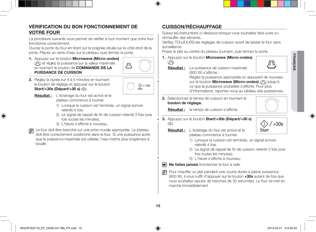 Samsung MG23F302TJS/EF manual Vérification DU BON Fonctionnement DE Votre Four, Cuisson/Réchauffage 