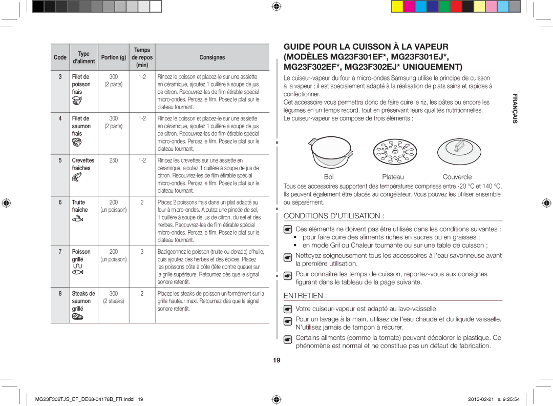 Samsung MG23F302TJS/EF manual Conditions Dutilisation, Entretien, Bol Plateau 