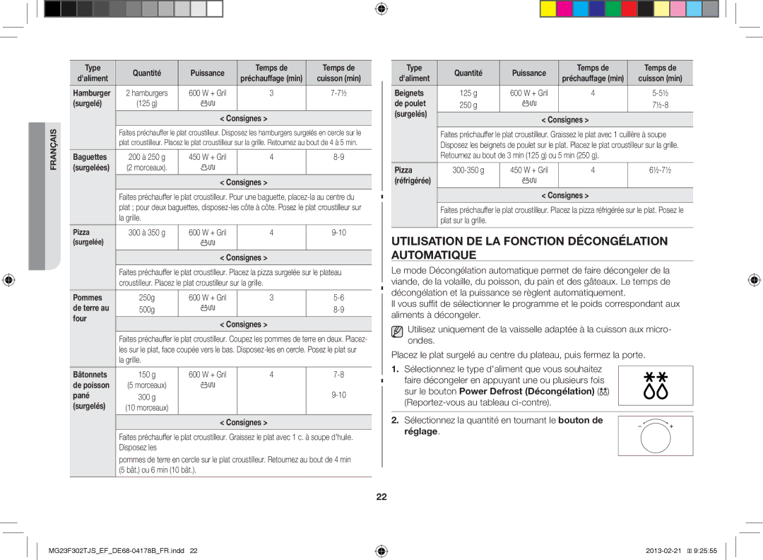 Samsung MG23F302TJS/EF manual Utilisation DE LA Fonction Décongélation Automatique, Réglage 