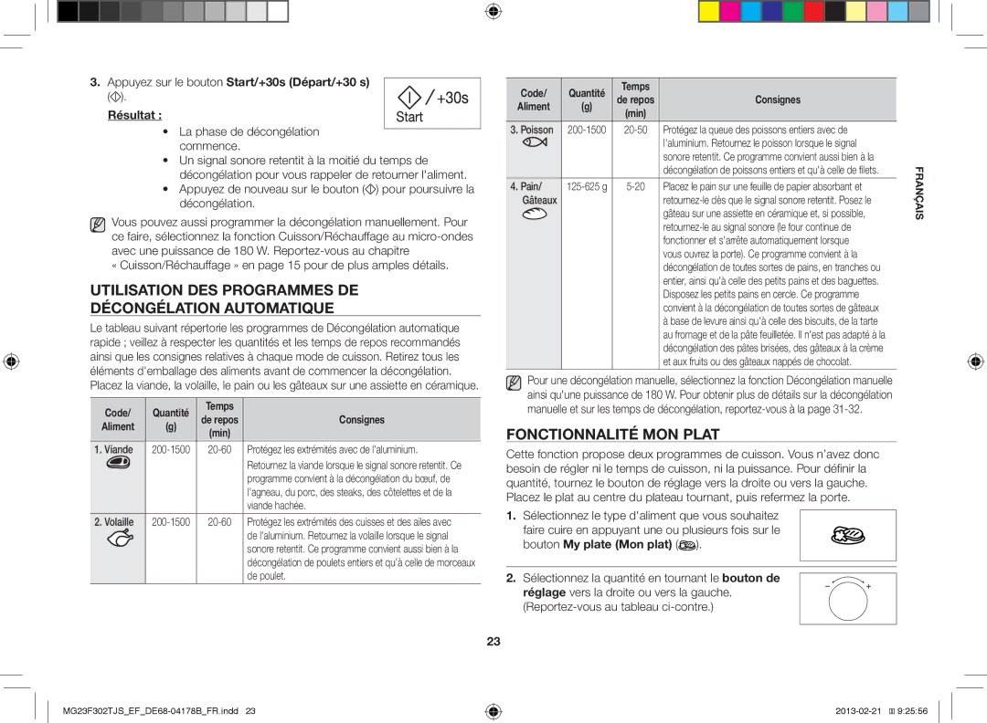 Samsung MG23F302TJS/EF manual Utilisation DES Programmes DE Décongélation Automatique, Fonctionnalité MON Plat 