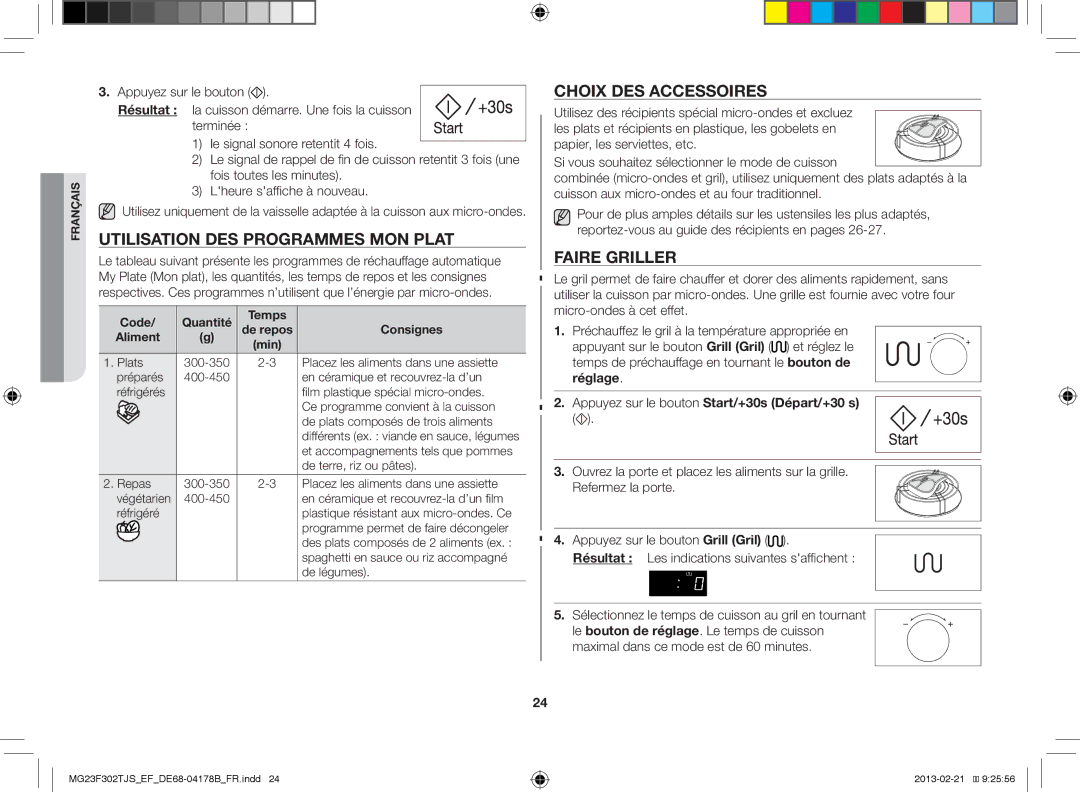 Samsung MG23F302TJS/EF manual Utilisation DES Programmes MON Plat, Choix DES Accessoires, Faire Griller 