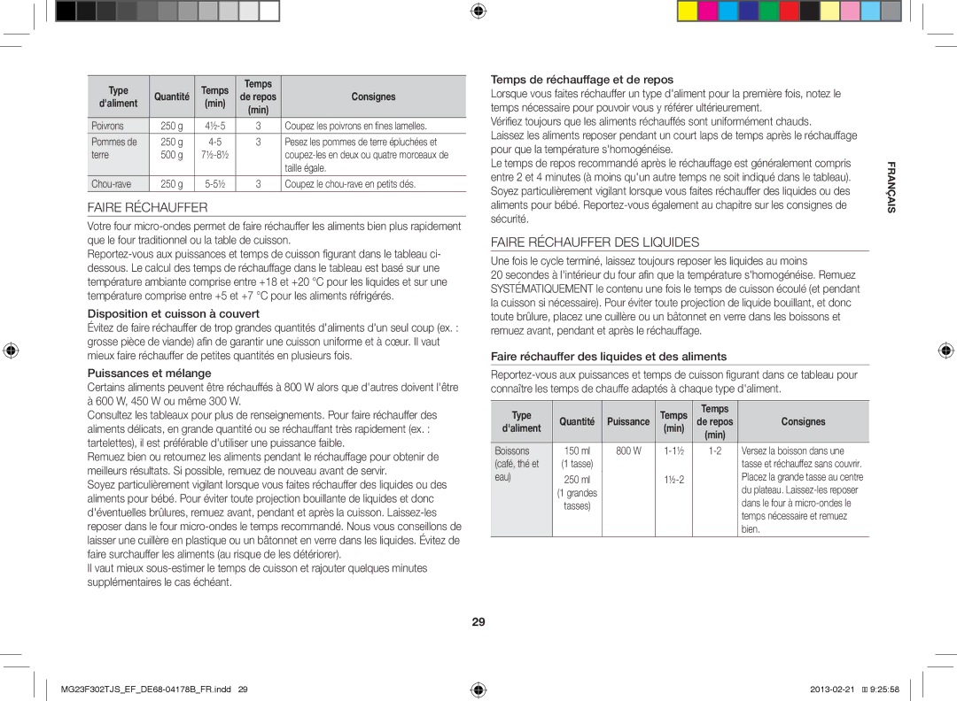 Samsung MG23F302TJS/EF manual Faire Réchauffer DES Liquides, Disposition et cuisson à couvert 