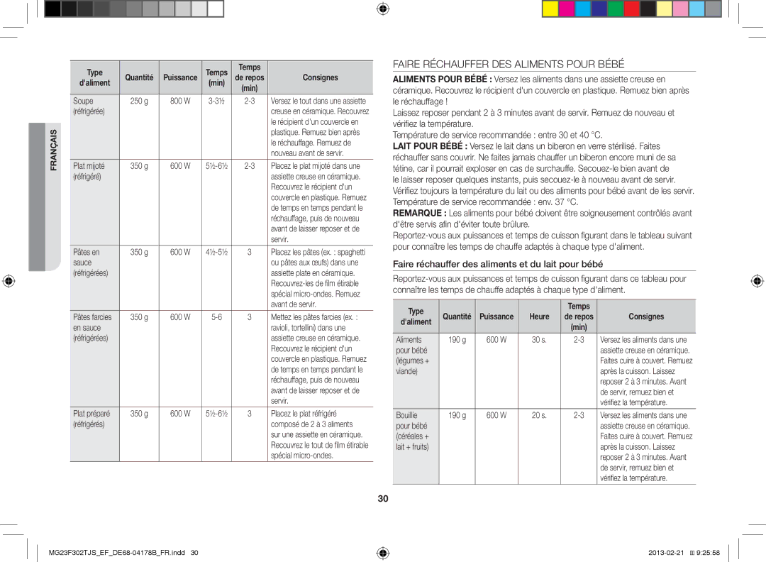 Samsung MG23F302TJS/EF manual Faire Réchauffer DES Aliments Pour Bébé, Faire réchauffer des aliments et du lait pour bébé 