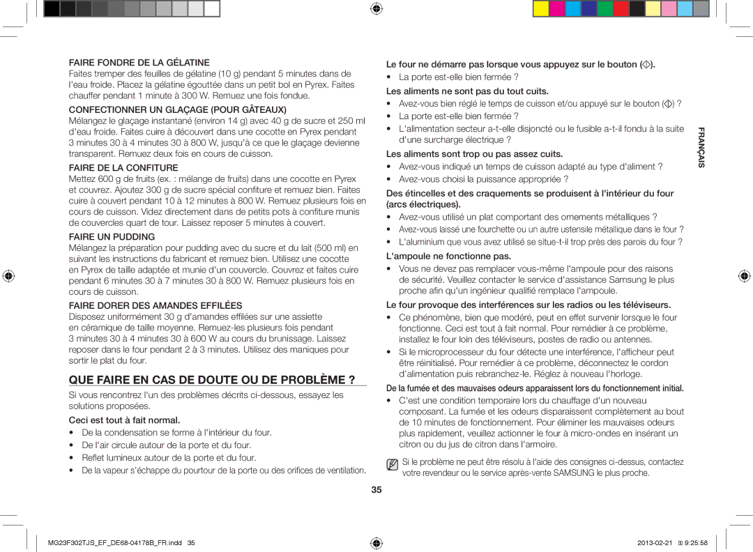 Samsung MG23F302TJS/EF manual QUE Faire EN CAS DE Doute OU DE Problème ?, Lampoule ne fonctionne pas 