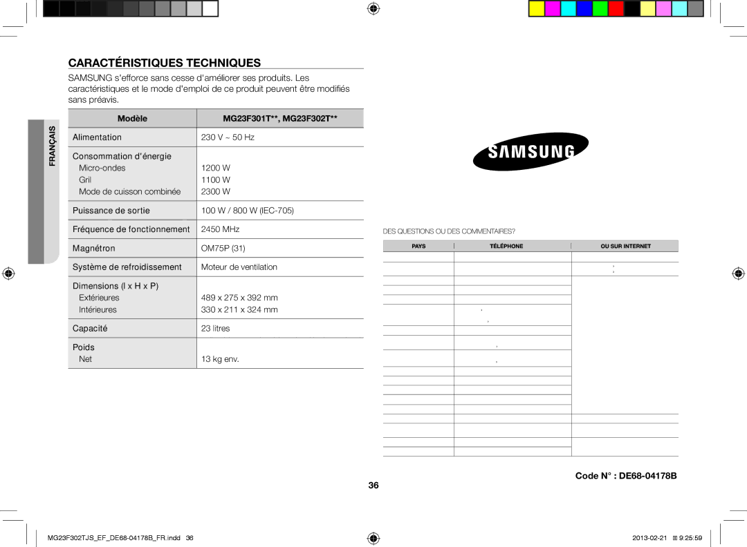 Samsung MG23F302TJS/EF manual Caractéristiques Techniques, Code N DE68-04178B, Modèle MG23F301T**, MG23F302T 