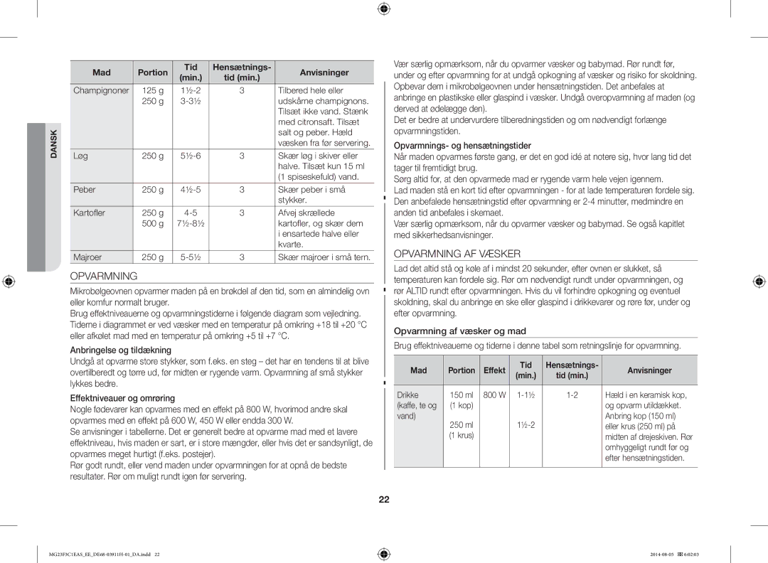 Samsung MG23F3C1EAS/EE manual Opvarmning AF Væsker, Mad Portion Tid Hensætnings Anvisninger Min Tid min 