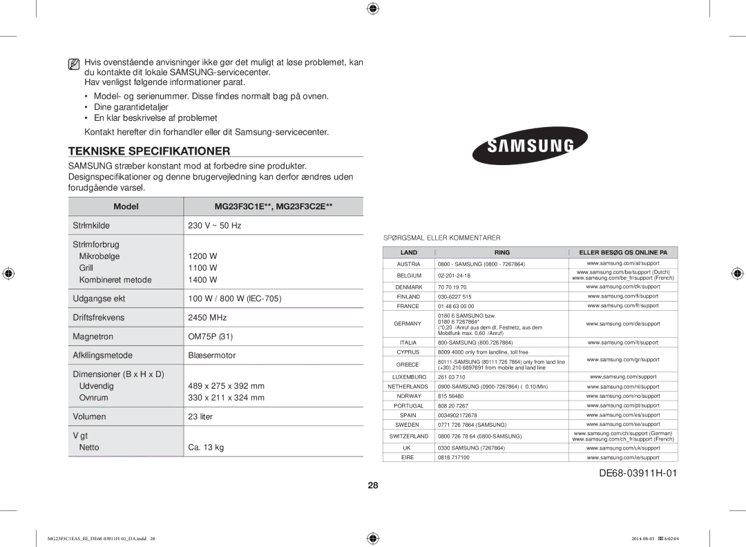 Samsung MG23F3C1EAS/EE manual Tekniske Specifikationer, Model MG23F3C1E**, MG23F3C2E 