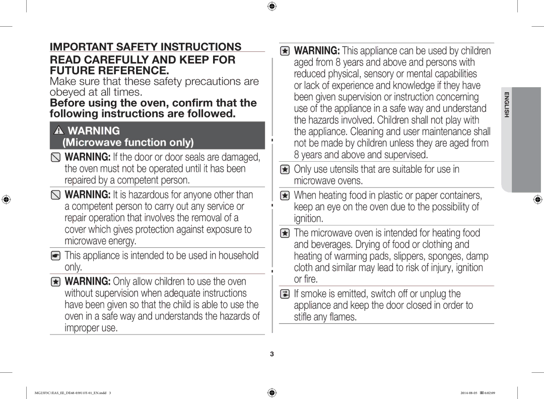 Samsung MG23F3C1EAS/EE manual Read Carefully and Keep for Future Reference 