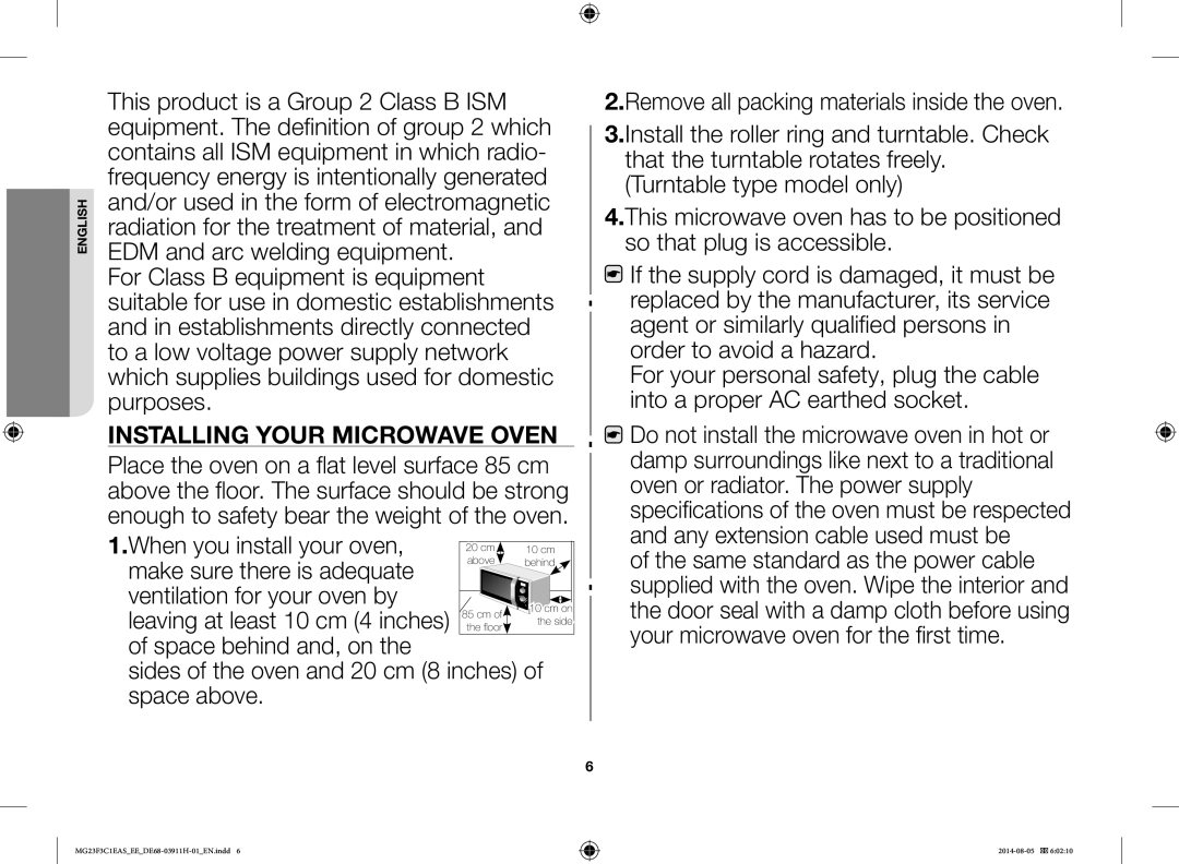 Samsung MG23F3C1EAS/EE manual Installing Your Microwave Oven 