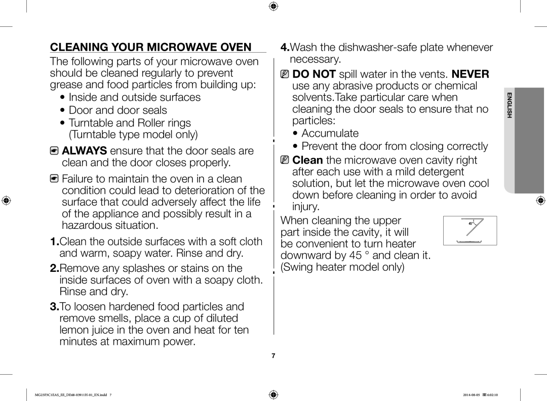 Samsung MG23F3C1EAS/EE manual Cleaning Your Microwave Oven 