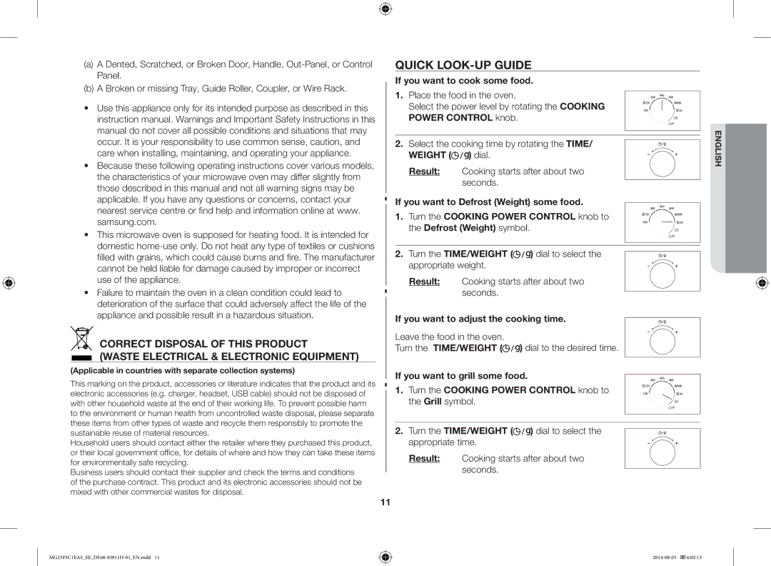 Samsung MG23F3C1EAS/EE manual Quick LOOK-UP Guide, If you want to cook some food, If you want to adjust the cooking time 