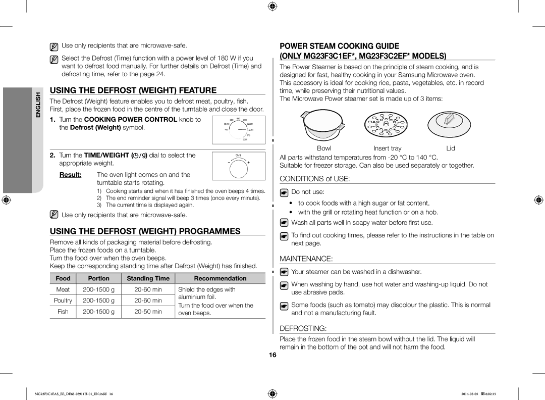 Samsung MG23F3C1EAS/EE Using the Defrost Weight Feature, Using the Defrost Weight Programmes, Maintenance, Defrosting 