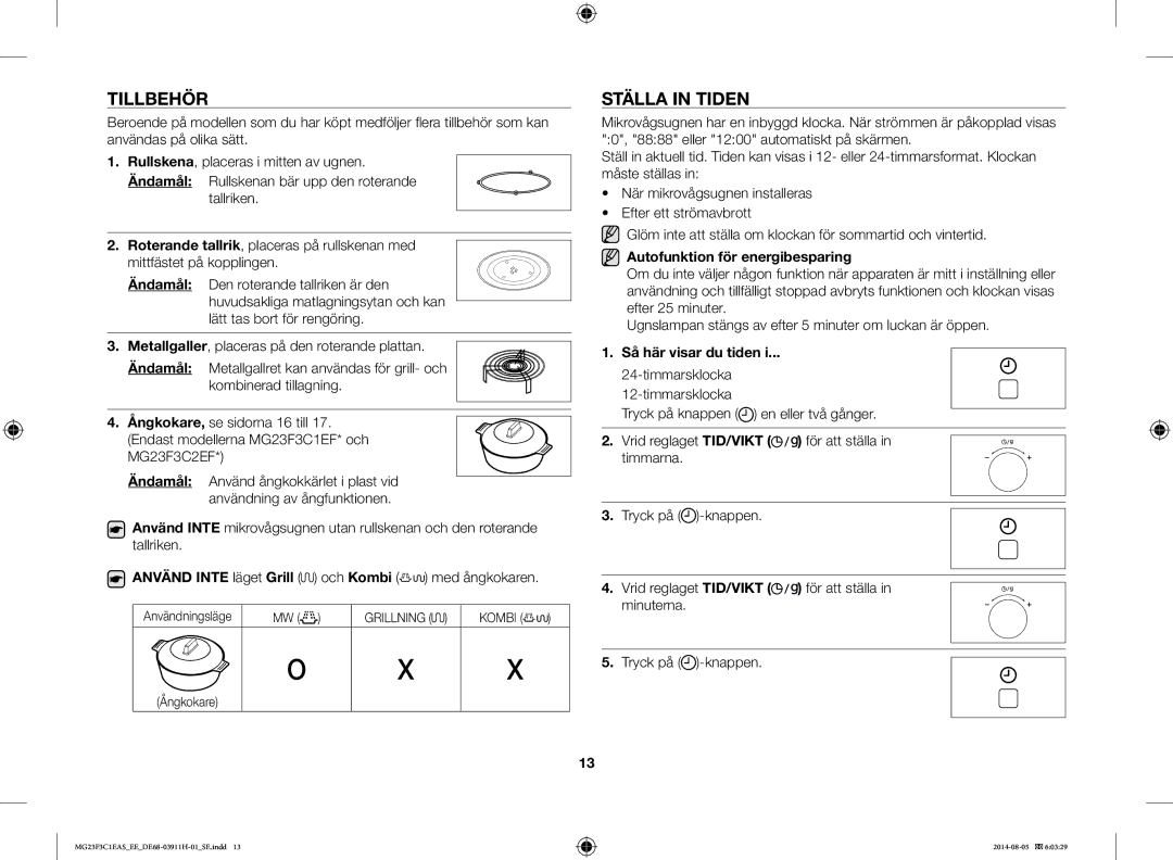 Samsung MG23F3C1EAS/EE manual Tillbehör, Ställa in Tiden, Autofunktion för energibesparing, Så här visar du tiden 