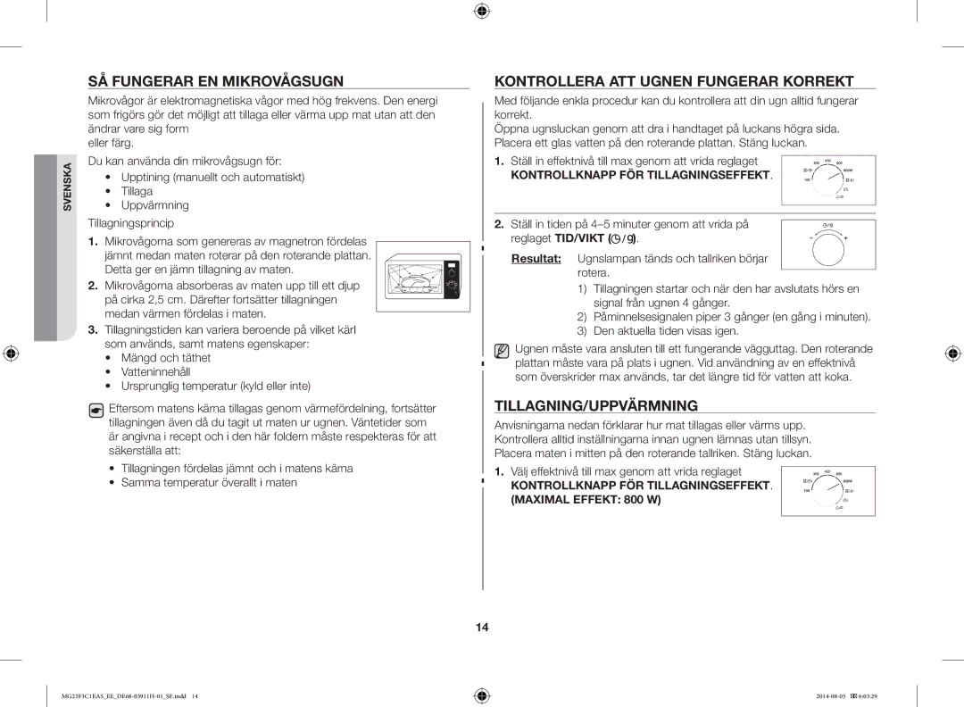 Samsung MG23F3C1EAS/EE manual SÅ Fungerar EN Mikrovågsugn, Kontrollera ATT Ugnen Fungerar Korrekt, Tillagning/Uppvärmning 