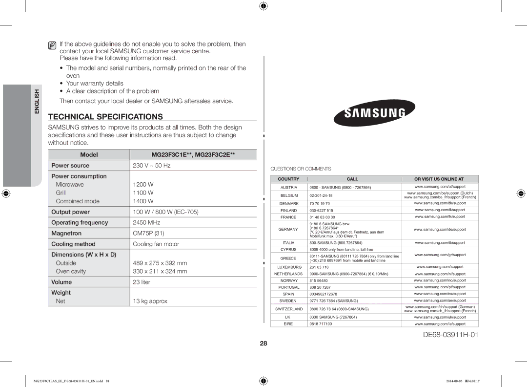 Samsung MG23F3C1EAS/EE manual Technical Specifications, Model MG23F3C1E**, MG23F3C2E 