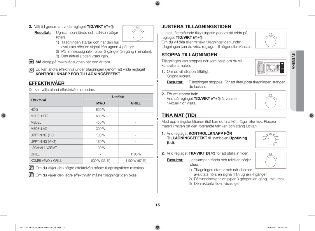 Samsung MG23F3C1EAS/EE manual Effektnivåer, Justera Tillagningstiden, Stoppa Tillagningen, Tina MAT TID 