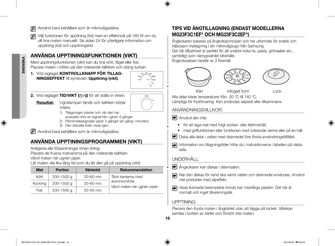 Samsung MG23F3C1EAS/EE Använda Upptiningsfunktionen Vikt, Använda Upptiningsprogrammen Vikt, Användningsvillkor, Underhåll 