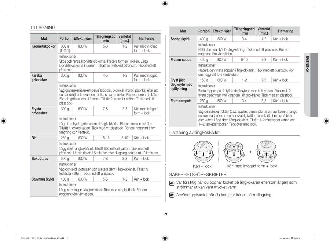 Samsung MG23F3C1EAS/EE manual Tillagning, Säkerhetsföreskrifter 