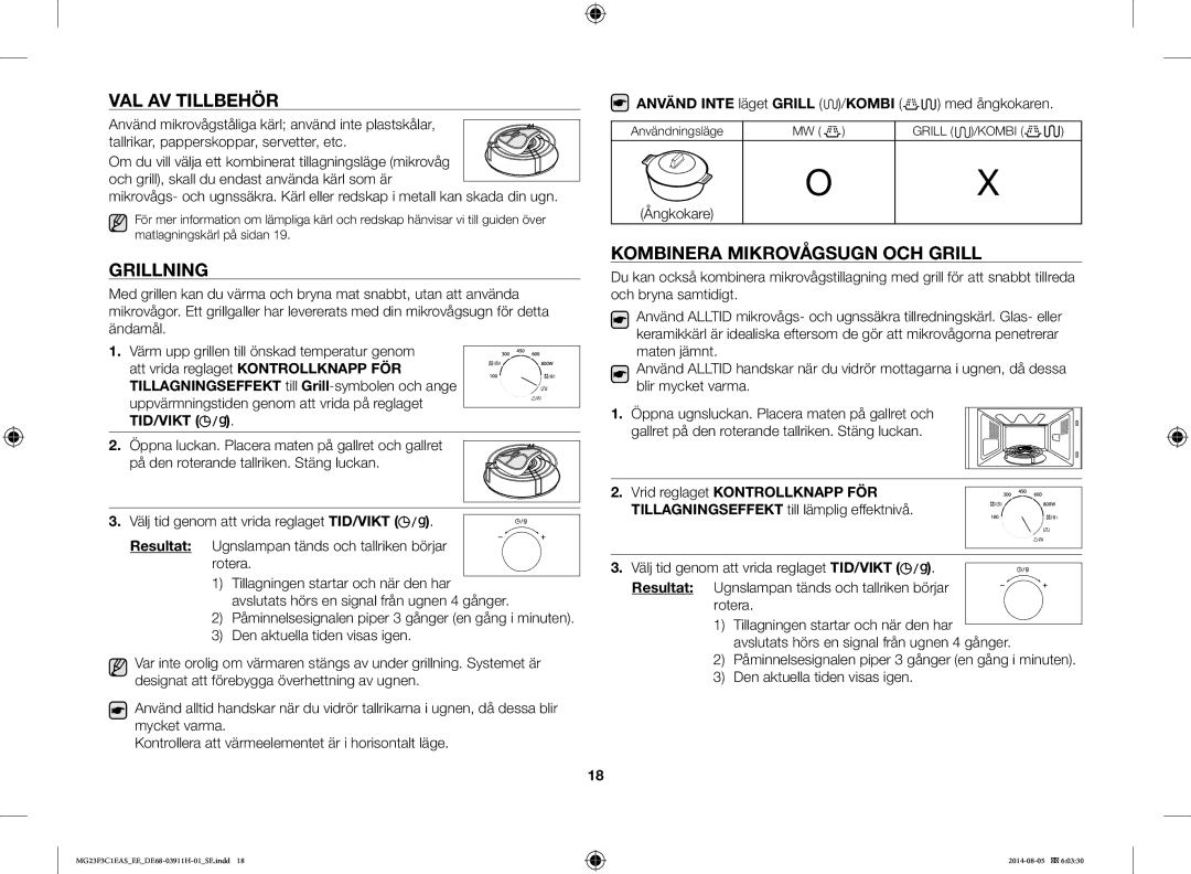 Samsung MG23F3C1EAS/EE manual VAL AV Tillbehör, Grillning, Kombinera Mikrovågsugn OCH Grill, Ångkokare 