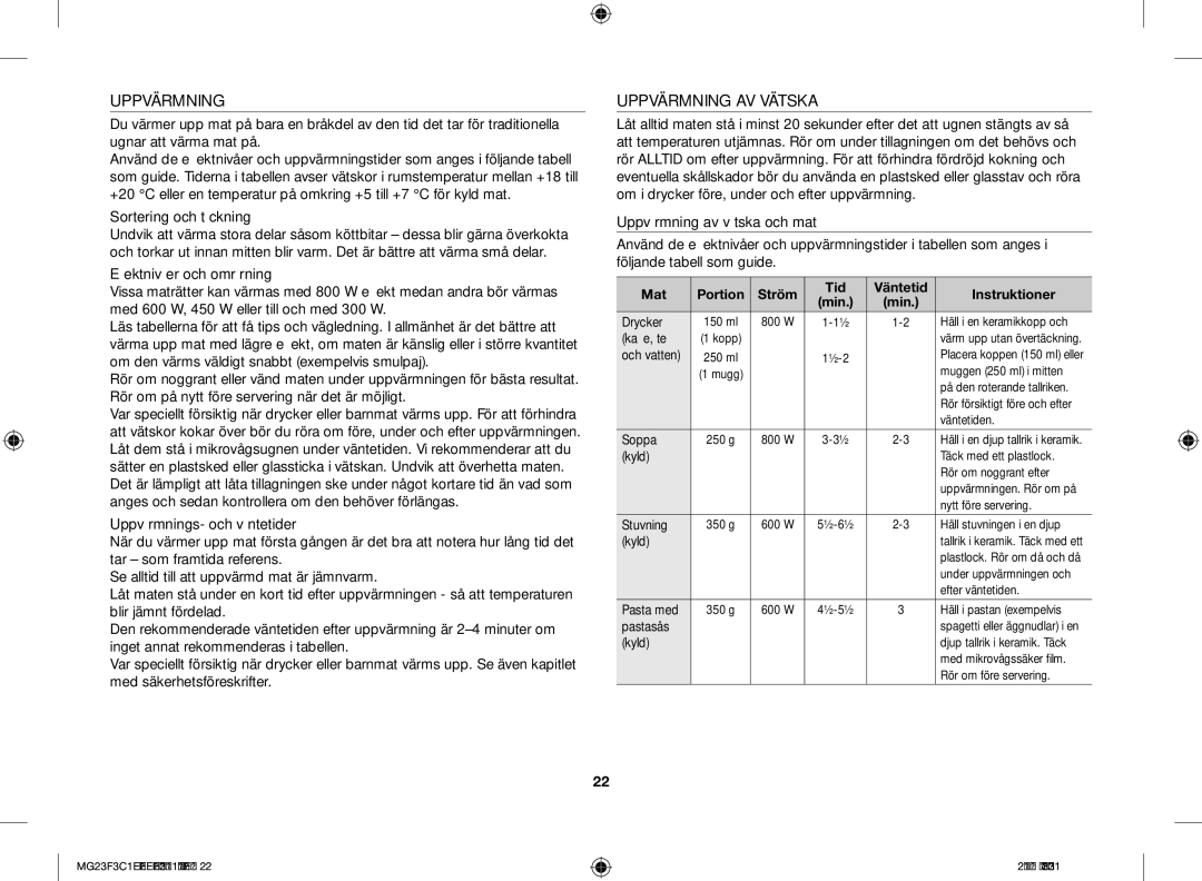 Samsung MG23F3C1EAS/EE manual Uppvärmning AV Vätska, Sortering och täckning 