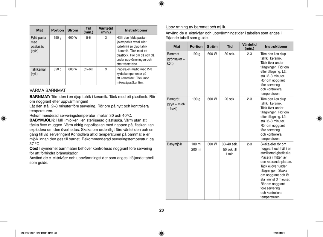 Samsung MG23F3C1EAS/EE manual Värma Barnmat 