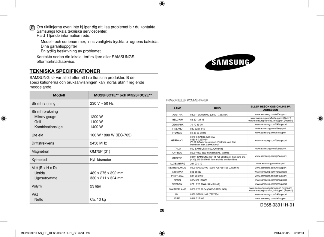 Samsung MG23F3C1EAS/EE manual Tekniska Specifikationer, DE68-03911H-01, Modell MG23F3C1E** och MG23F3C2E 