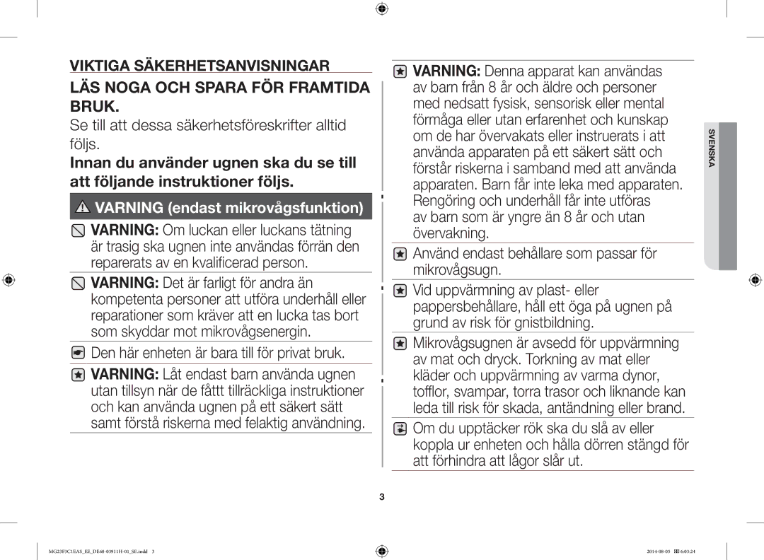 Samsung MG23F3C1EAS/EE manual LÄS Noga OCH Spara FÖR Framtida Bruk, Varning endast mikrovågsfunktion 