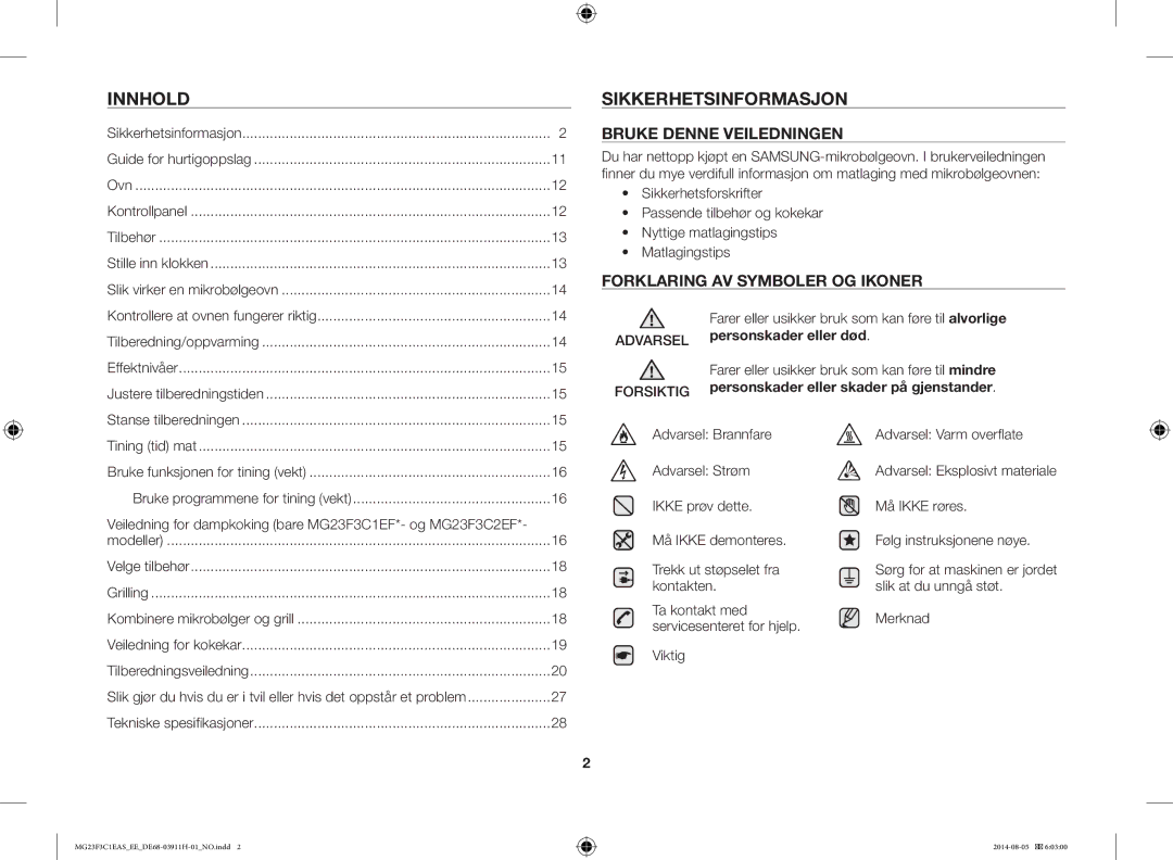 Samsung MG23F3C1EAS/EE manual Innhold Sikkerhetsinformasjon, Veiledning for dampkoking bare MG23F3C1EF*- og MG23F3C2EF 