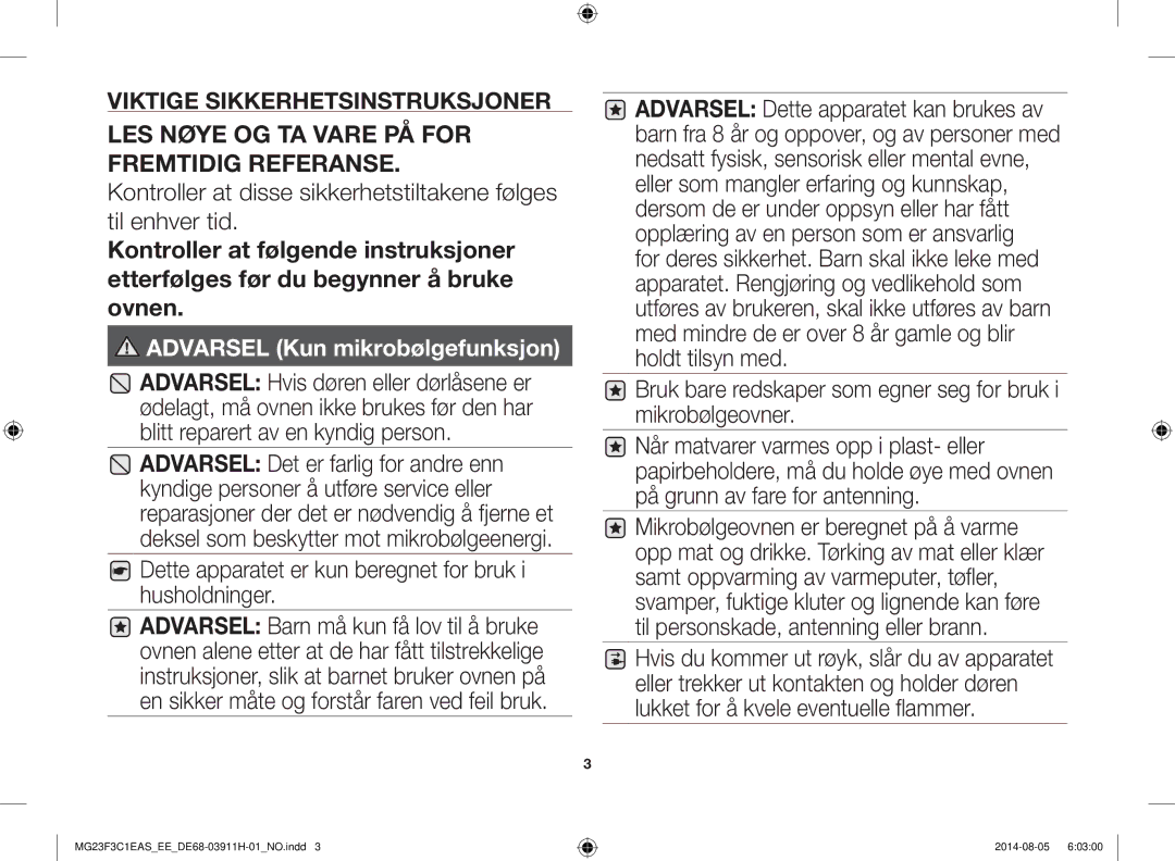 Samsung MG23F3C1EAS/EE manual LES Nøye OG TA Vare PÅ for Fremtidig Referanse 