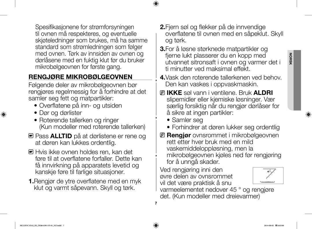 Samsung MG23F3C1EAS/EE manual Rengjøre Mikrobølgeovnen 