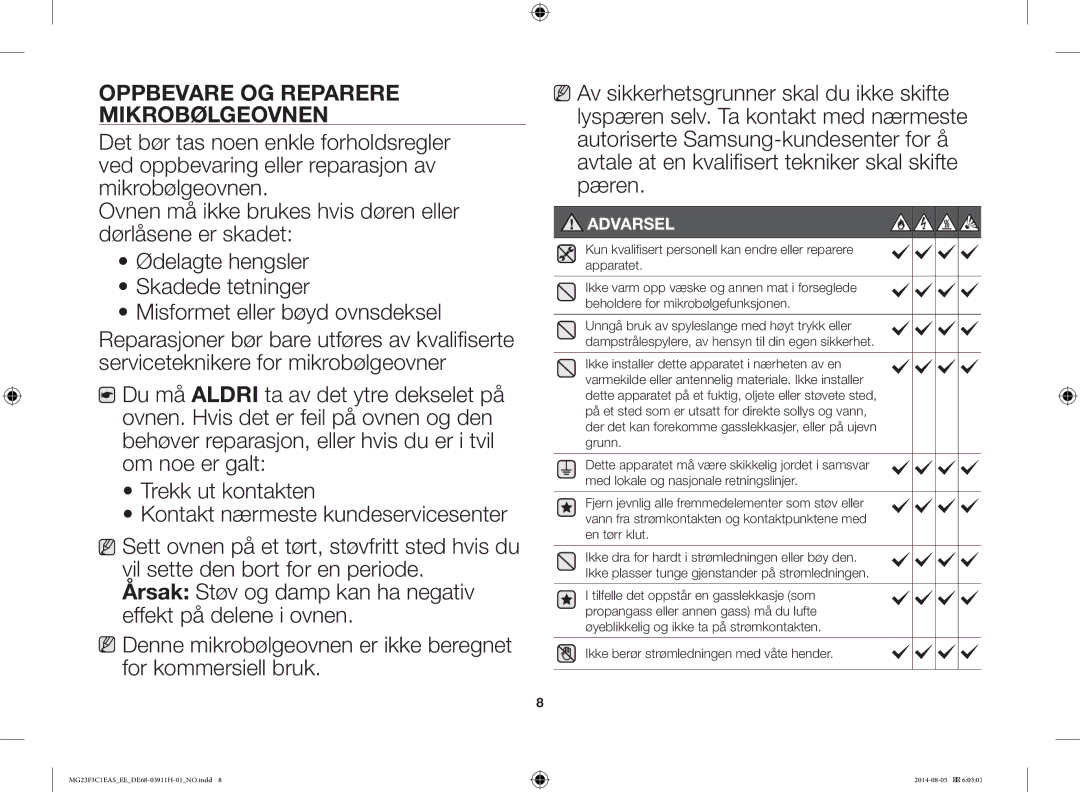 Samsung MG23F3C1EAS/EE manual Oppbevare OG Reparere Mikrobølgeovnen, Ikke berør strømledningen med våte hender 