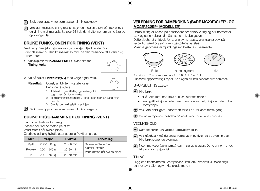 Samsung MG23F3C1EAS/EE Bruke Funksjonen for Tining Vekt, Bruke Programmene for Tining Vekt, Bruksbetingelser, Vedlikehold 