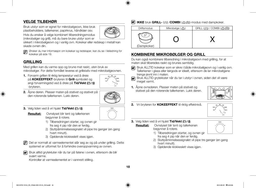 Samsung MG23F3C1EAS/EE manual Velge Tilbehør, Grilling, Kombinere Mikrobølger OG Grill, Dampkoker 