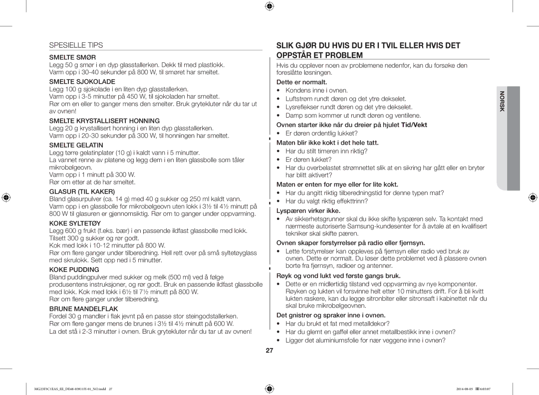 Samsung MG23F3C1EAS/EE manual Spesielle Tips, Smelte Smør 