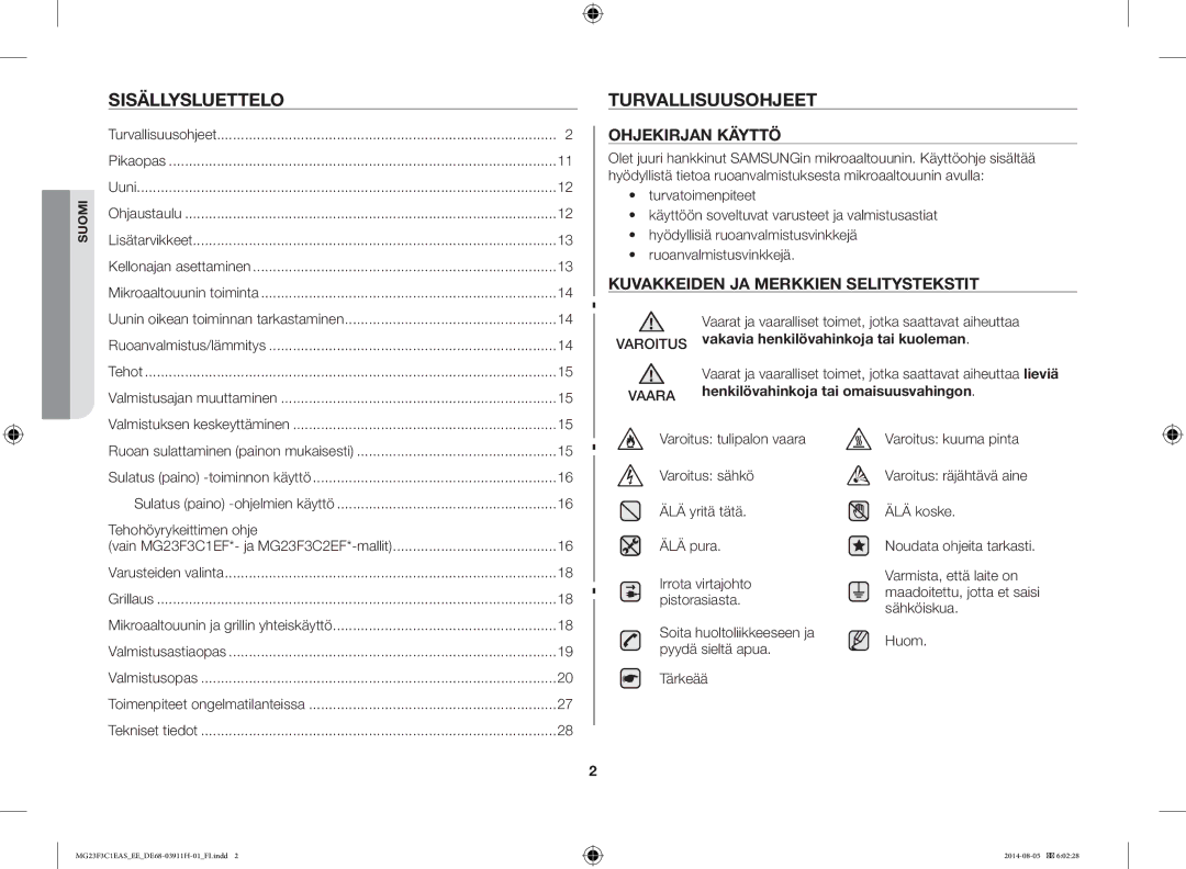 Samsung MG23F3C1EAS/EE manual Sisällysluettelo Turvallisuusohjeet, Vaarat ja vaaralliset toimet, jotka saattavat aiheuttaa 