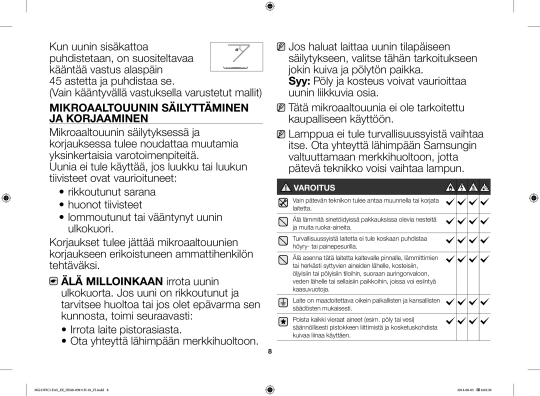 Samsung MG23F3C1EAS/EE manual Mikroaaltouunin Säilyttäminen JA Korjaaminen, Varoitus 