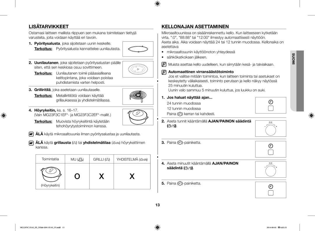 Samsung MG23F3C1EAS/EE Lisätarvikkeet, Kellonajan Asettaminen, Höyrykeitin, ks. s, Automaattinen virransäästötoiminto 