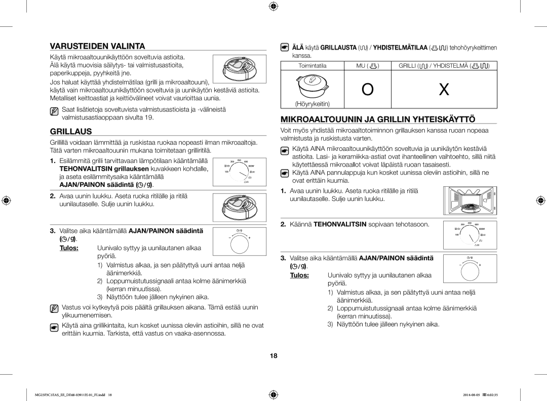 Samsung MG23F3C1EAS/EE manual Varusteiden Valinta, Grillaus, Mikroaaltouunin JA Grillin Yhteiskäyttö, Tulos 